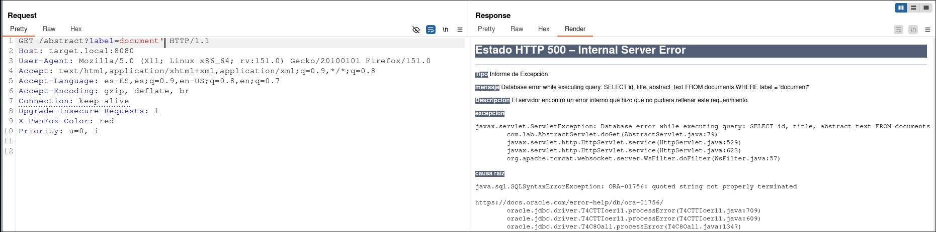 Ejemplo de stack trace de Tomcat mostrando un error de sintaxis SQL de Oracle en un entorno de laboratorio